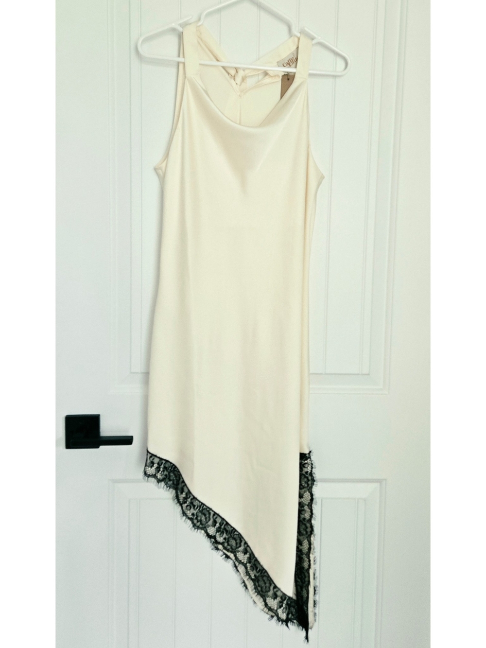 β¨οΈNWTβ¨οΈ CafΓ© LattΓ© Ivory Satin Asymmetrical Lace Trim Midi Dress